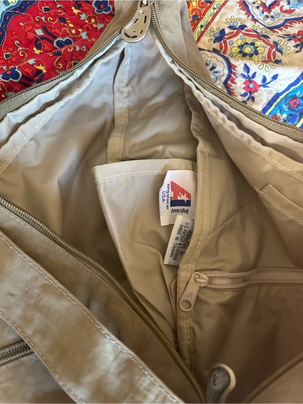 Ameribag Red and Blue Logo Interior Tag on Cream Lining